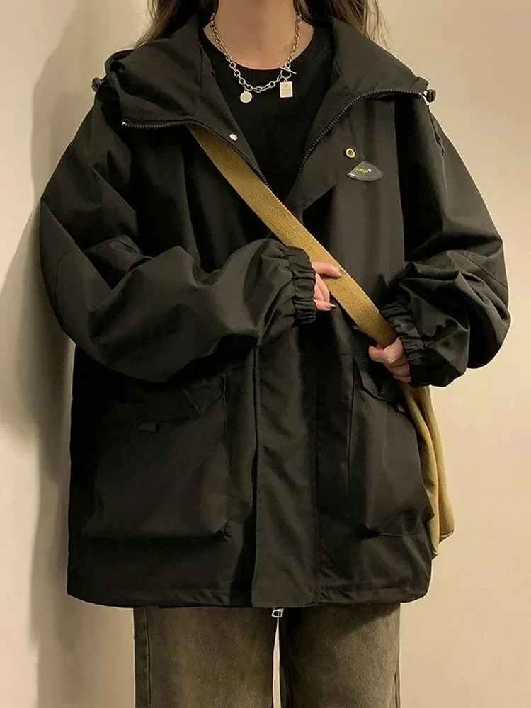 Женская куртка с капюшоном Y2K Корейская уличная одежда ветровка на молнии