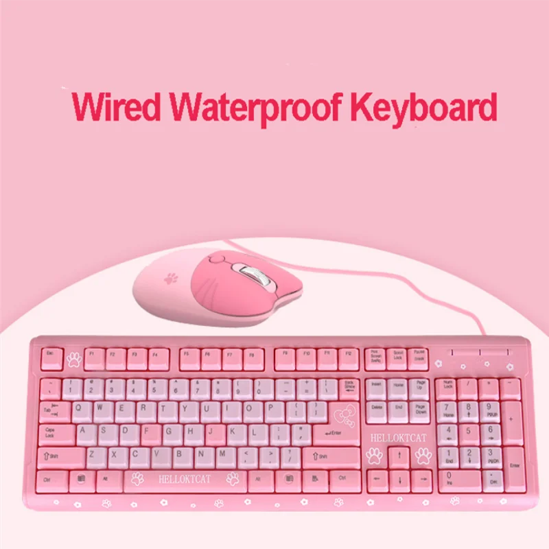 

Cut Cat Wired Mechanical Keyboard Pink Slient Computer Keyboard Colorful Gaming Keyboard Mouse Combo For Laptop PC Notebook Girl