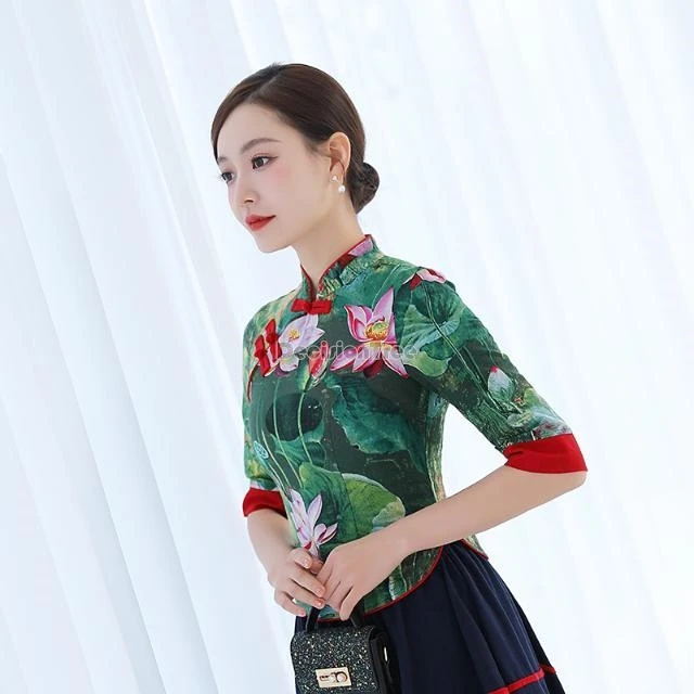 Новинка весна-лето 2024 блузка Ципао в китайском стиле с улучшенным цветочным