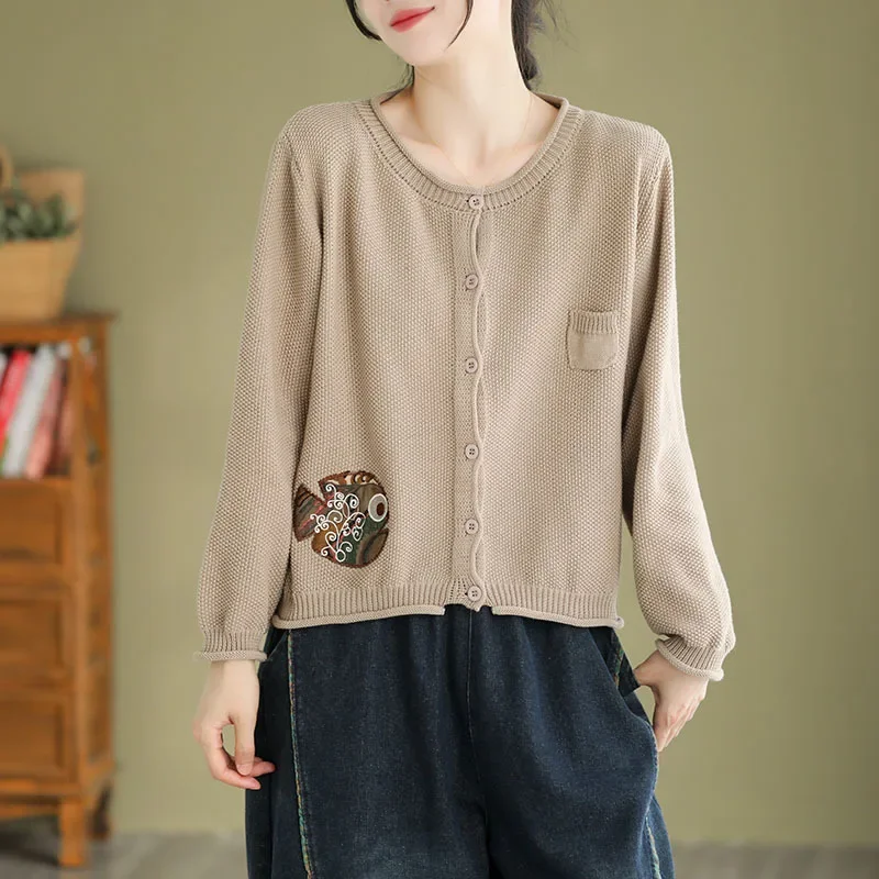 Винтажный кардиган с круглым вырезом и этнической вышивкой женский свободный