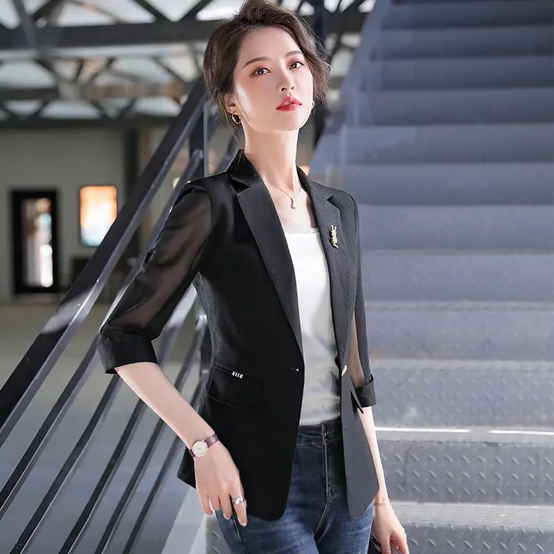 Thin Small Suit Jacket Women's Spring and Summer 2023 Korean Version Slim Mesh Thin Short Seven-sleeve Suit Blouse