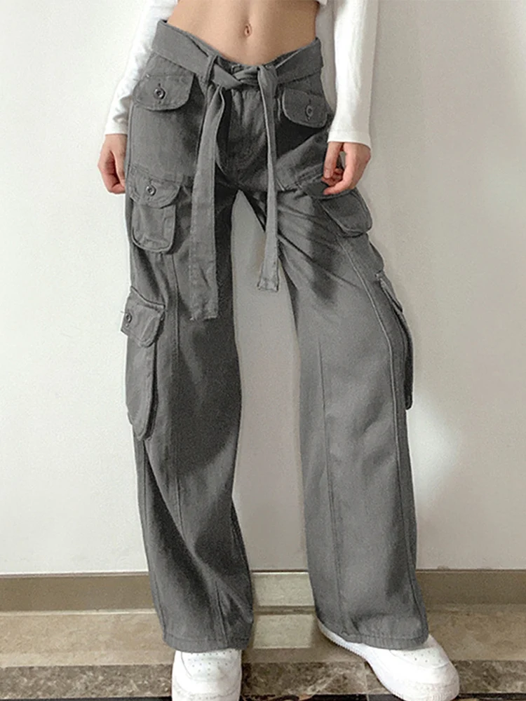 

Drawstring Denim Women Cargo Pants Long Loose Streetwear Straight Female Jeans 2022 Fashion Girl Casual Wide Trousers New in
