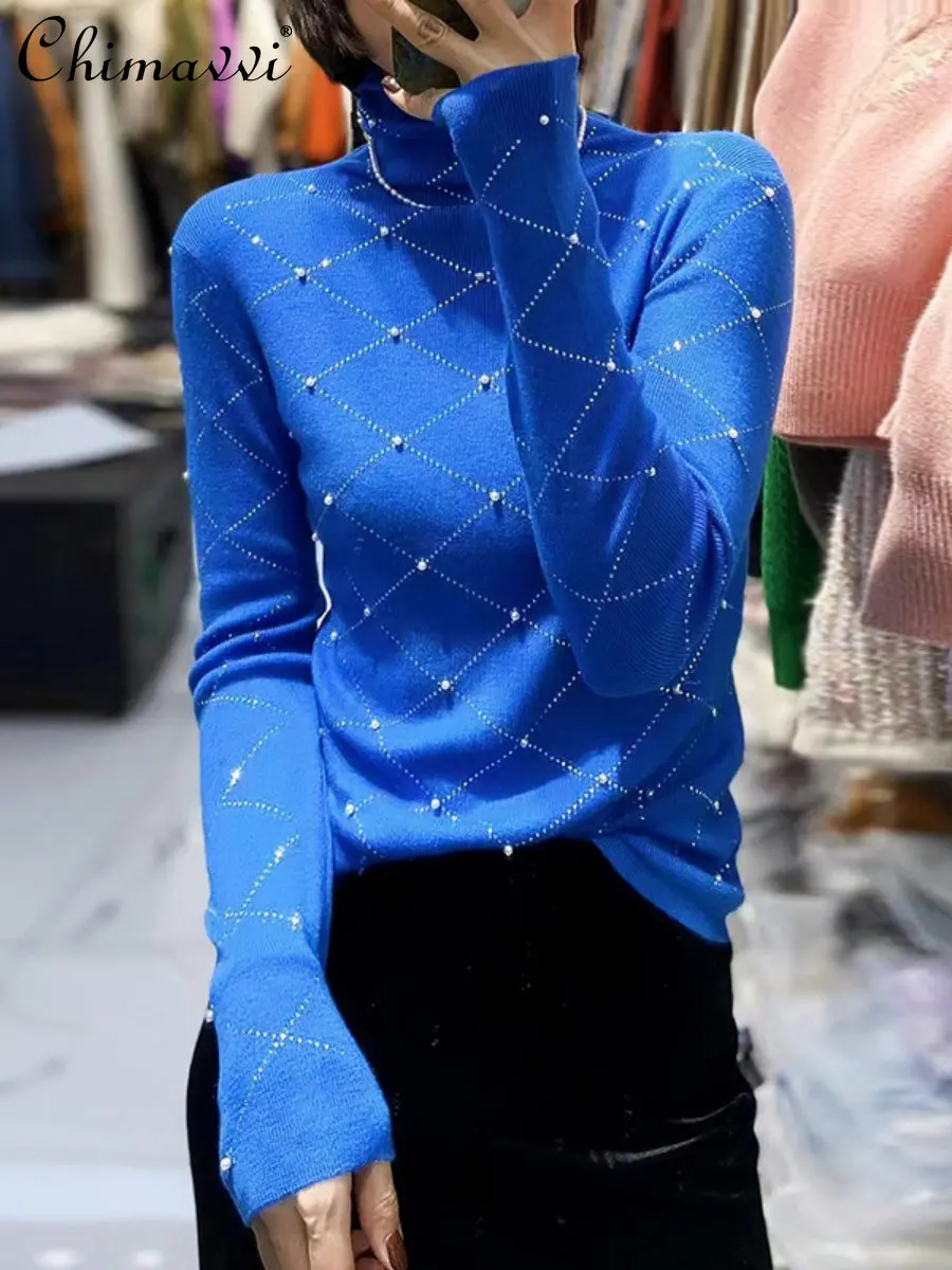 

Fashion Rhombus Hot Drilling Handmade Beaded Wool Base Shirt Women's Winter Slim Fit Elegant Inner Match Heaps Collar Sweater