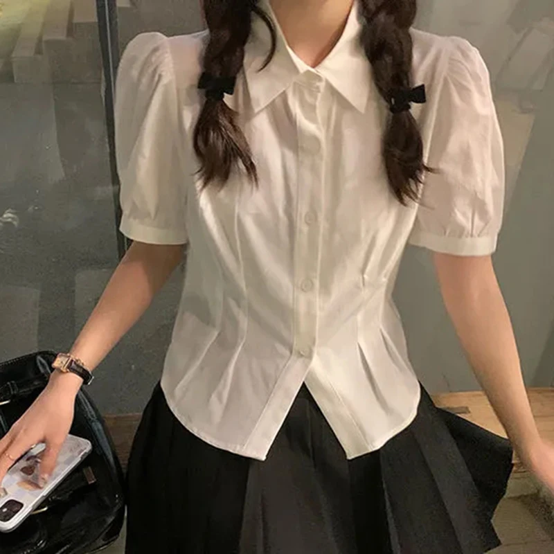 

MEXZT Jk White Shirt Women Preppy Style Short Puff Sleeve Turn Down Collar Slim Blouse Student Sweet Korean Casual All Match Top