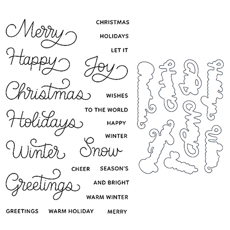 

2021 New Merry Christmas English Words Clear Stamps and Metal Cutting Dies Sets For Making Festival Greeting Card Scrapbooking