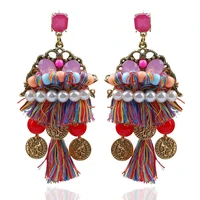 vintage women national style earrings multicolor tassels earrings pendant alloy coins pearls earrings