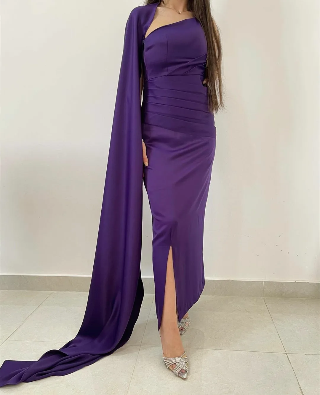 

Purple Satin Evening Dresses for Muslim فساتين السهرة Sheath Pleated Sweep Train One Shoulder Prom Dress for Women with Slit
