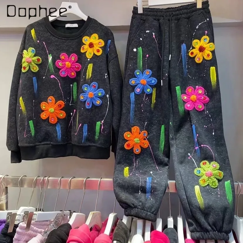

Heavy Industry 3D Flower Embroidery Rhinestone Casual Pant Sets Women 2023 Spring Autumn Long Sleeve Sweatshirts Trousers 2 Set