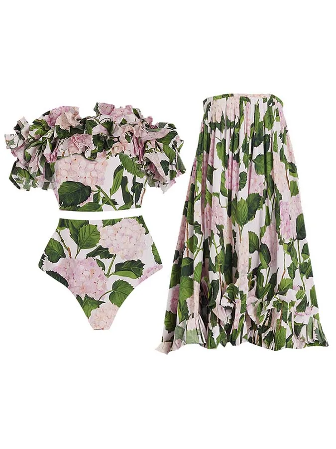 

Fashion Big Flower Print Split Lace Pleated Princess Flat Shoulder High Waist Bikini And Holiday Long Beach Dress Covering Women