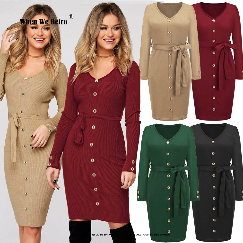 

Red Sexy Bodycon Slit Knitted Dress XXL Women Autumn Long Sleeve High Waist Button Midi Dress Elegant Elastic Party Dress VD3430