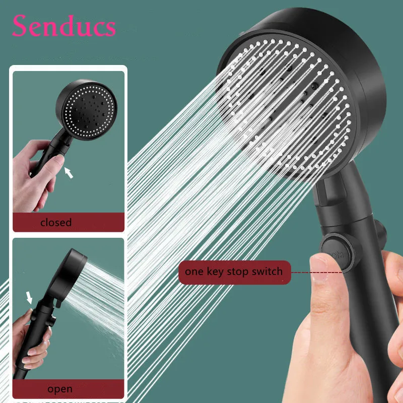 

Black 5 Mode Adjustable Pressurized Rain Shower Head Water Saving Round Bathroom Shower Head One Key Stop Shower Sprayer Head