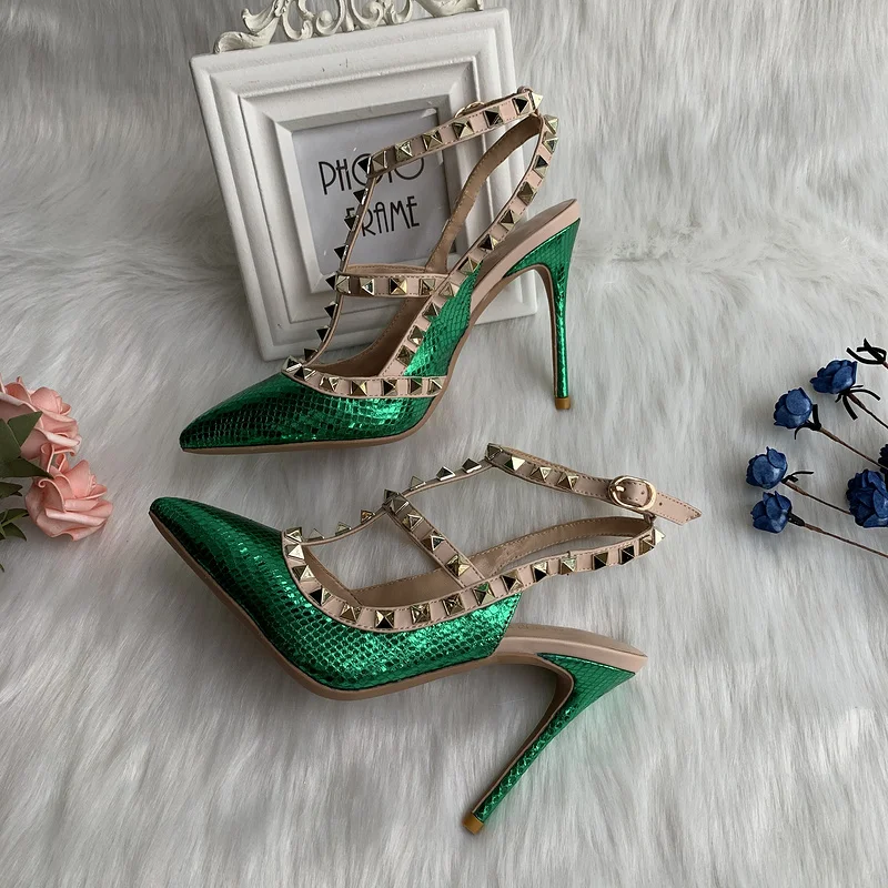 

Sexy Women Beign Blue Pointy Toe Rivet Slingback Sandals Ankle Buckle Luxury Stiletto High Heel Sandals Fashion Lady Dress Shoes