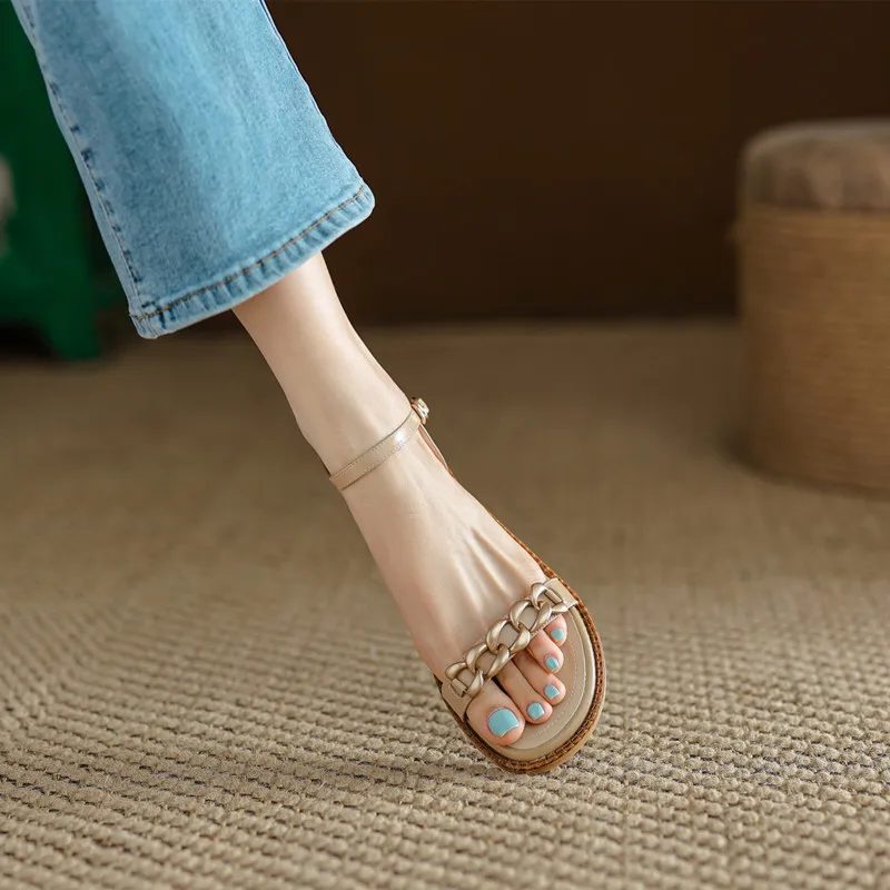 

2022 Summer New European and American Style Word with Thick-soled Roman Shoes Metal Buckle Flat Sandals Women's Open Toe