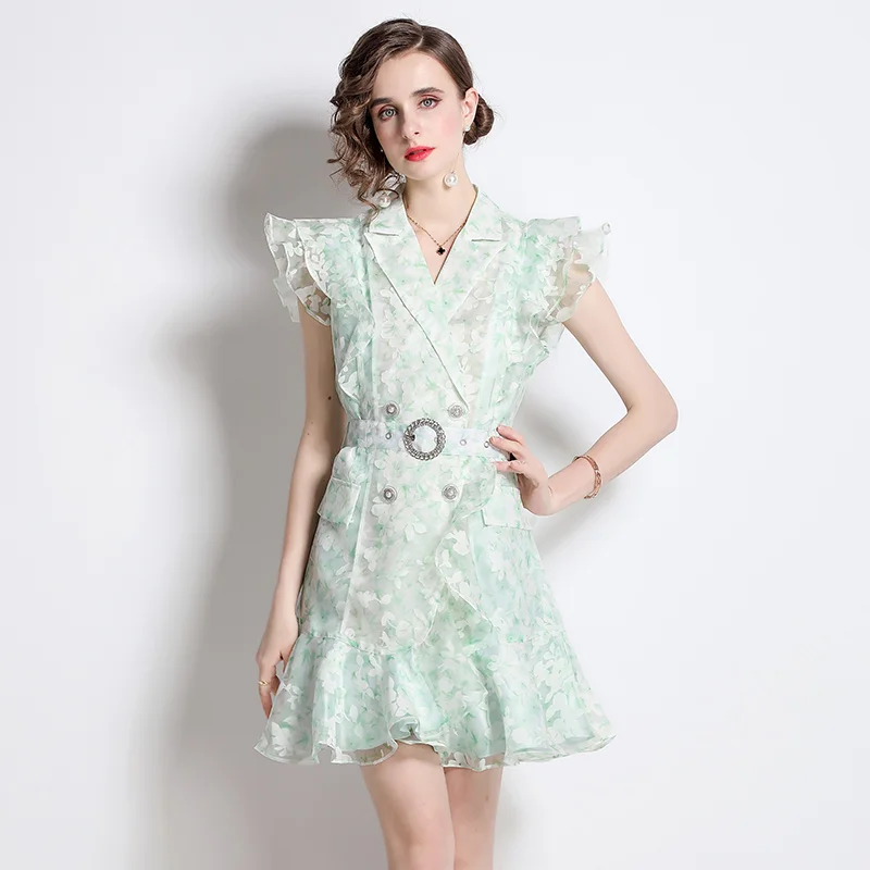 

JSXDHK New Arrival Summer Organza Mini Dress Elegant Women Notched Collar Flower Print Ruffles Double-Breasted Mermaid Dresses