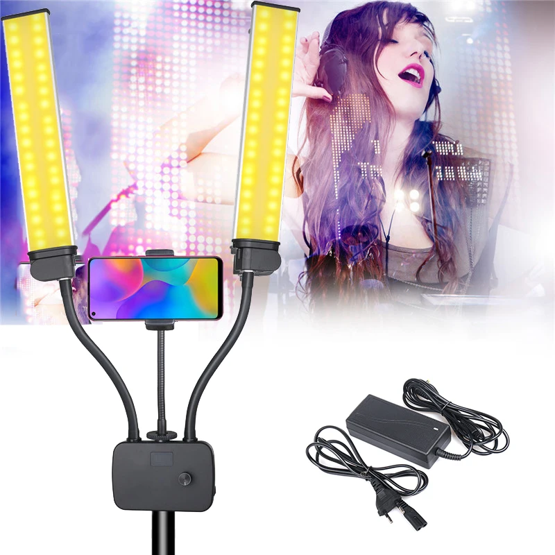Flexible Double Arms LED Fill Light Bi-color Dimmable Video Light Studio Light with Phone Holder for Makeup Live Stream Tiktok