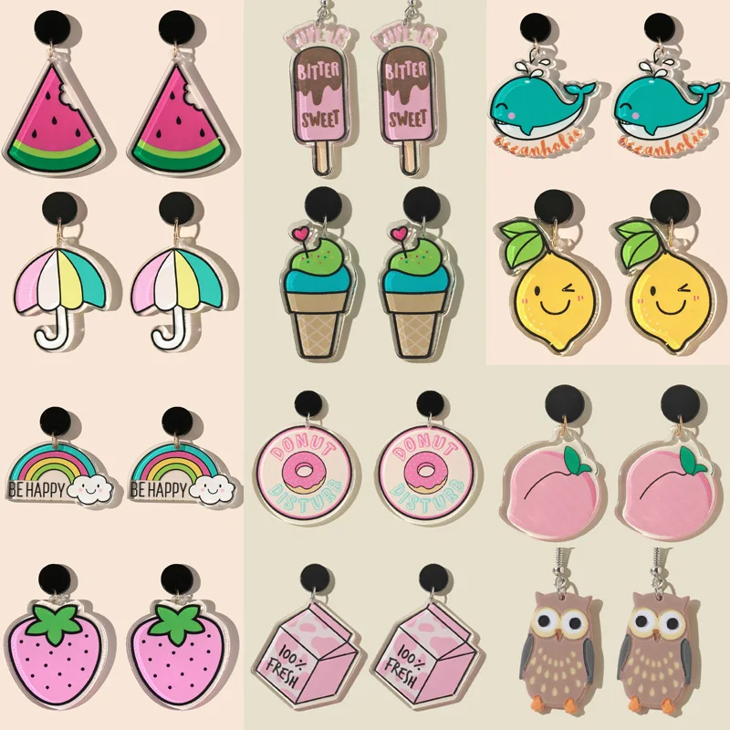 Женские акриловые серьги в виде конфет пончиков мороженого радуги клубники