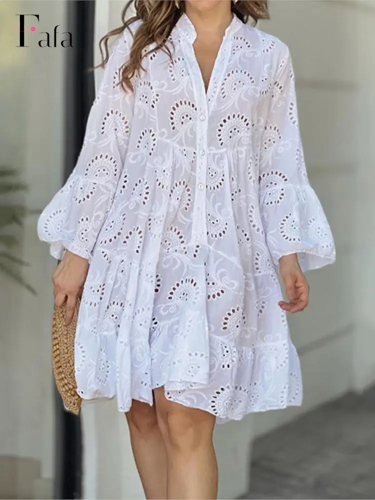 

Summer Loose Vintage Solid Lace Dress Fashion V-neck Flare Sleeve Embroidery Dress Women Sexy Hollow Out Pattern Mini Dresses