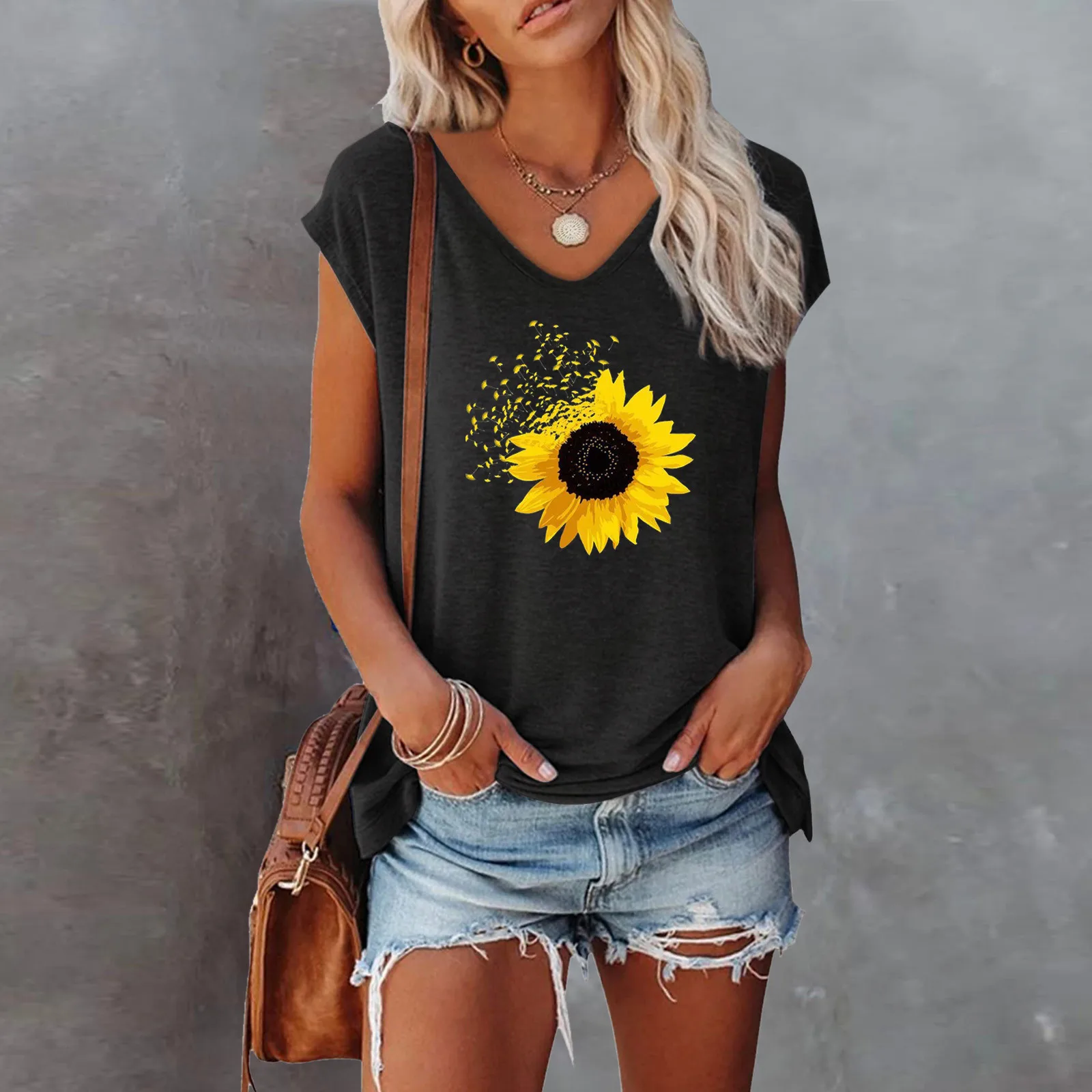 

Женская футболка с рукавом-крылышком, жилет с V-образным вырезом и принтом подсолнуха, Повседневная рубашка, свободная рубашка, женские Футб...