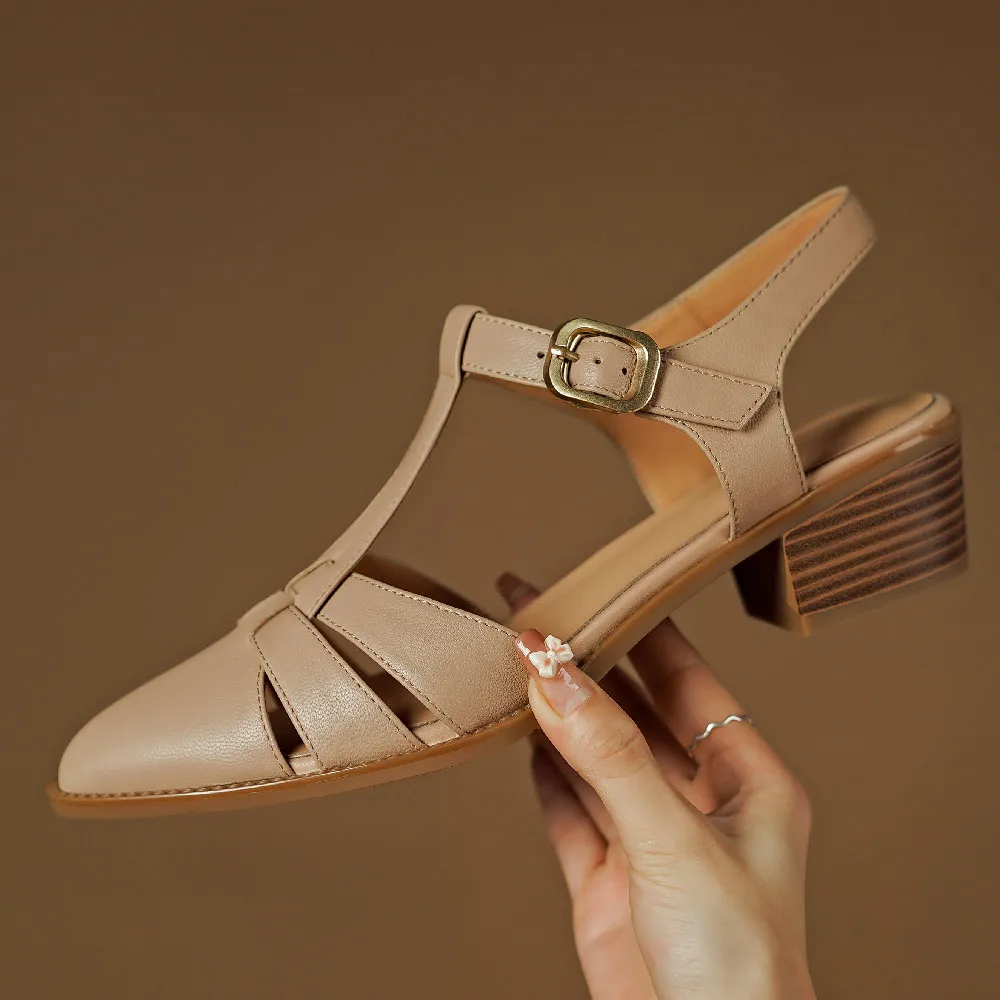 Женские босоножки из овечьей кожи с тонкими ремешками и Т-образным ремешком