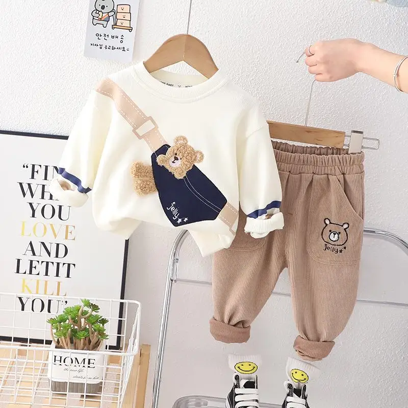 

2023 New Autumn Baby Boy Sets Clothes Long Sleeves Bear Round Collar Cartoon Sweatshirts+Pants Child Casual Clothes 1-5 Years