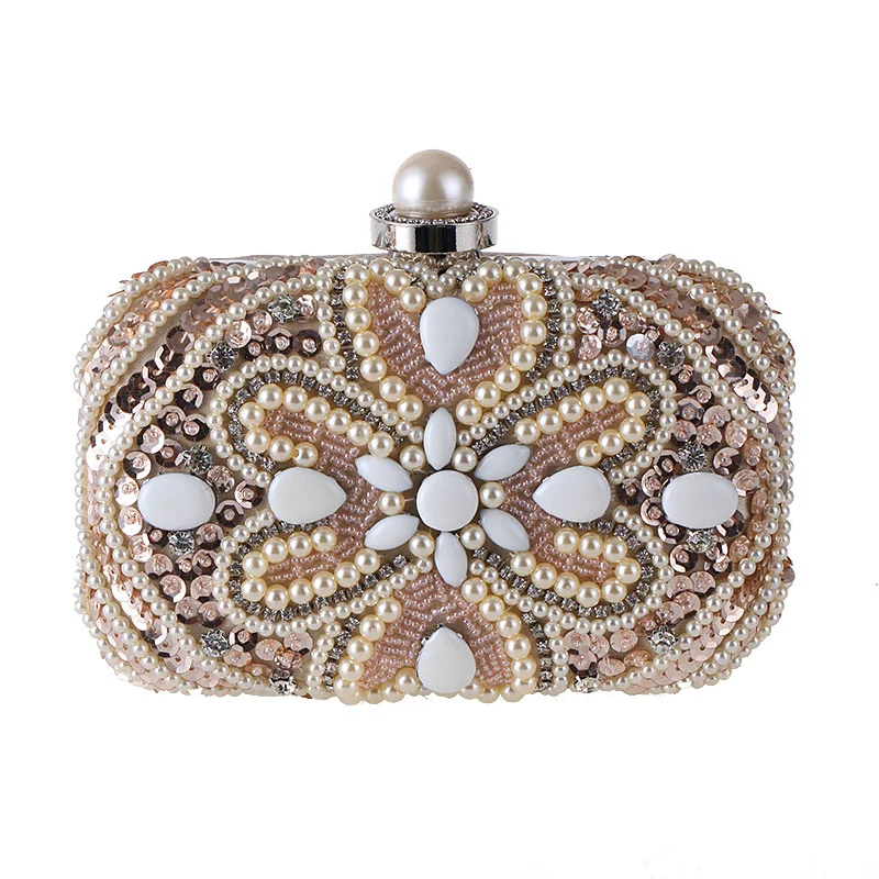 

2023 Handmade Women Beads Evening Clutch Diamond Flowers Dinner Purse With Chain Single Pearls Banquet Bags For Ladies mn1491