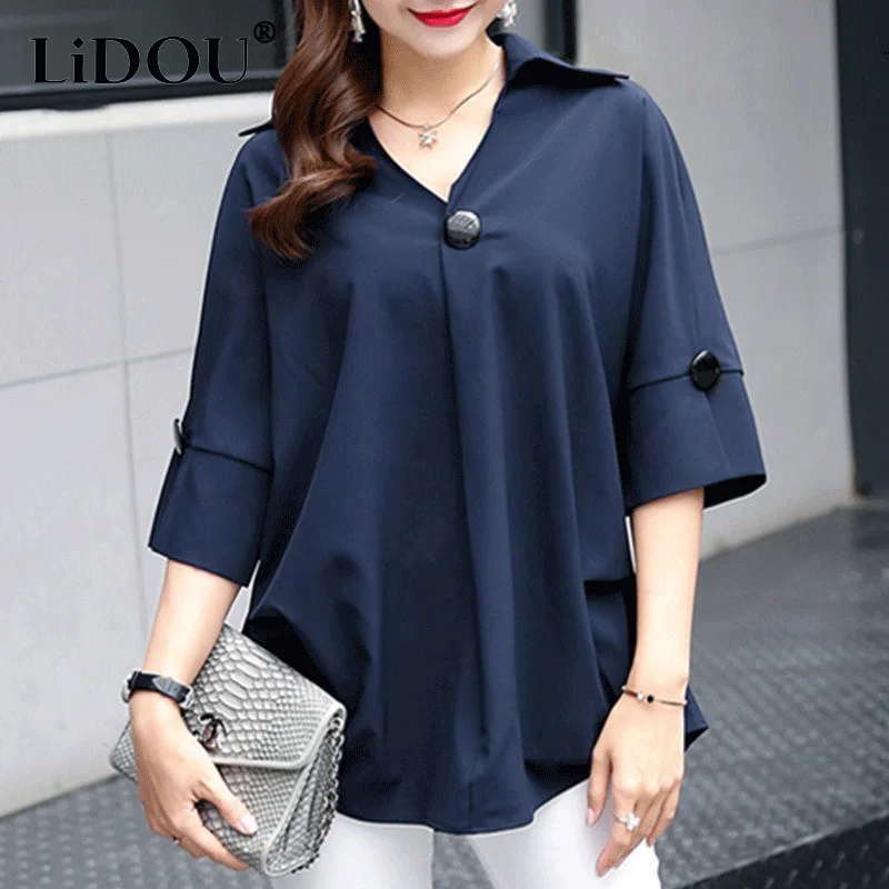 

Summer Autumn Fashion Trend Korean Version Pullover Casual Simple Versatile Design Chiffon Shirt Solid Oversized Chic Tops Women