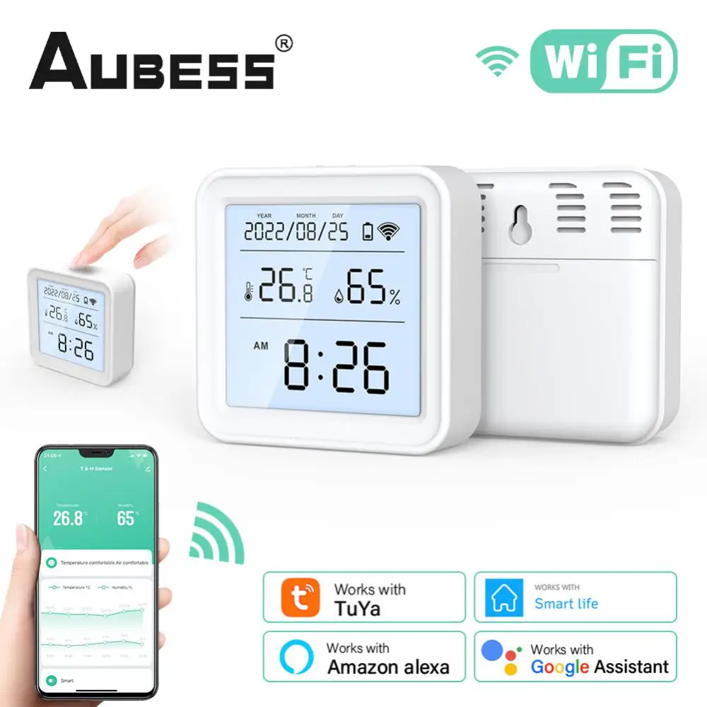 

WiFi Temperature And Humidity Sensor BatteryPower With LCD Screen Display And Backlight Working With Alexa Google Assistant
