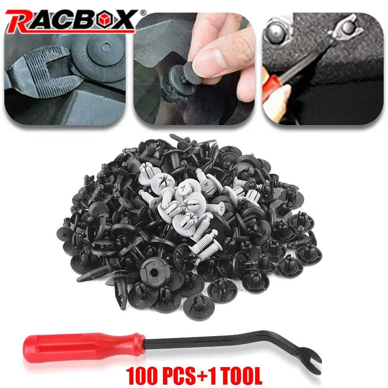 

Car Fastener Clips Bumper Fender Trunk Screw Body Push Retainer Pin Rivet Trim Panel Retainer Removal Tool Kit 100Pcs with 1tool
