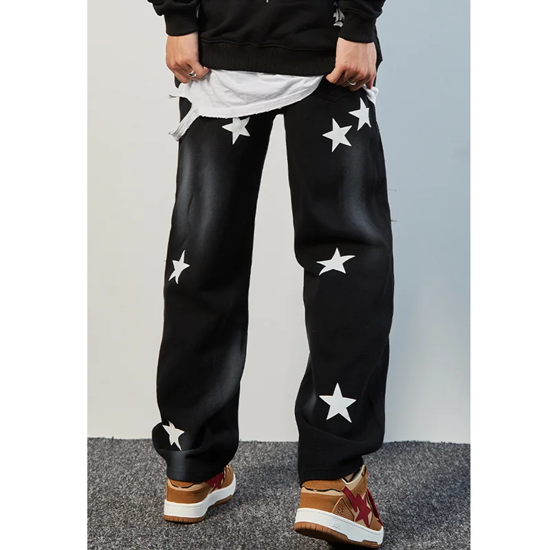 Streetwear Men Hip Hop Loose Straight Cylinder Stars Printing Casual Pants Versatile Comfortable Jeans Autumn and Winter Female