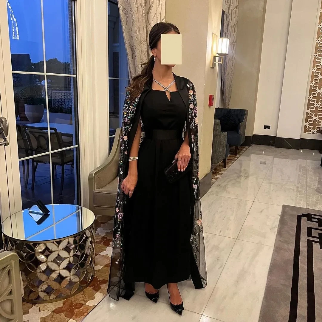 

Saudi Arabic Prom Dresses Colorful 3D Flowers Prom Dresses With Cape Ankle-Length Black Formal Evening Dresses Party Gowns