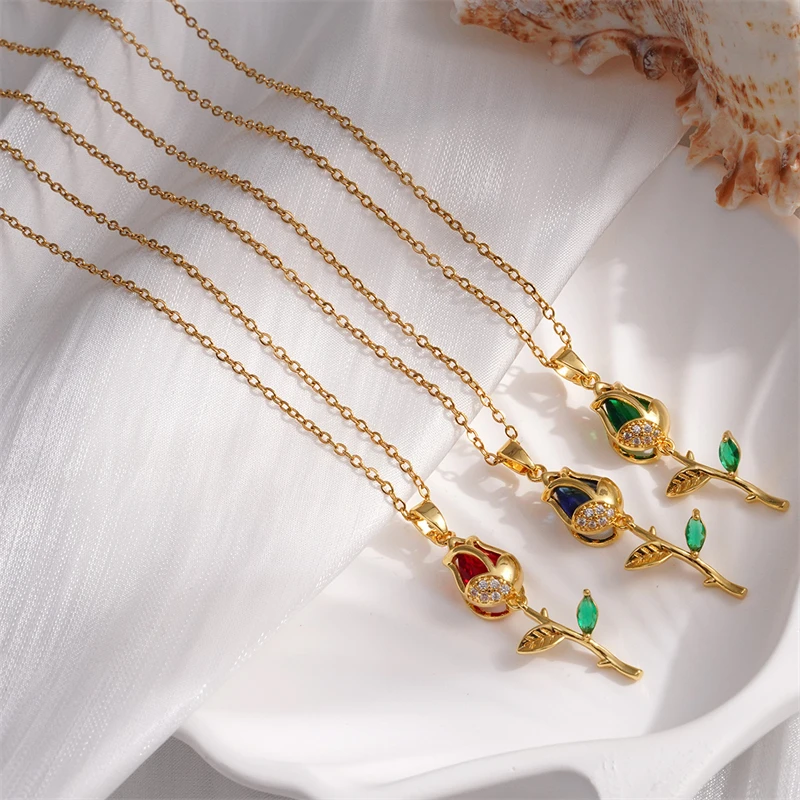 Циркониевое ожерелье с подвеской в виде цветка тюльпана