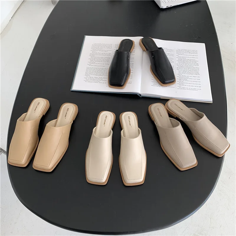 

Cover Toe Slippers Soft Female Shoes Slides Low Fashion Comfort 2022 Luxury Square Hoof Heels Rubber PU Concise Basic Fabric
