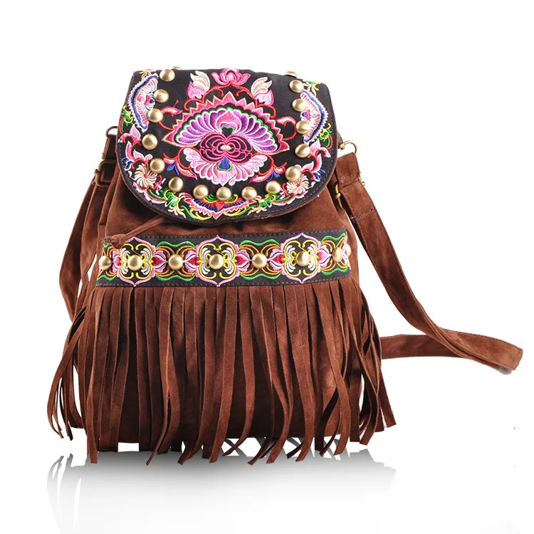 

Fashion Female bag Brown tassel Women's Shoulder bag Ethnic embroidery travel backpack School backpack girl