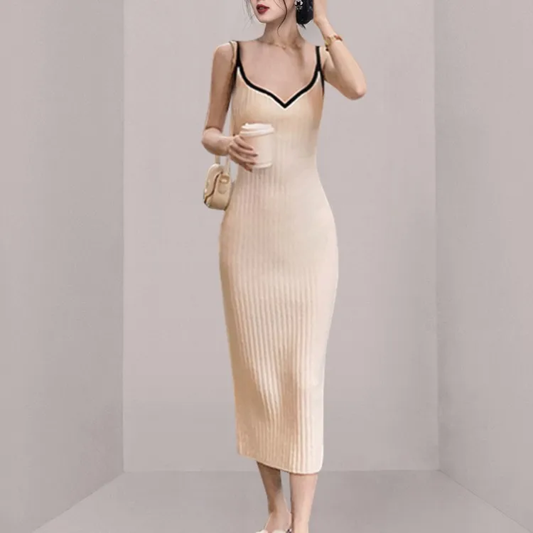 

Пикантные Однотонные эластичные вязаные платья с V-образным вырезом 2022 Корейская Летняя мода женское повседневное элегантное облегающее п...
