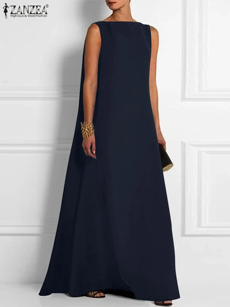 

Платье ZANZEA женское однотонное с открытой спиной, модная повседневная свободная пляжная одежда для отдыха, длинное платье без рукавов с круг...