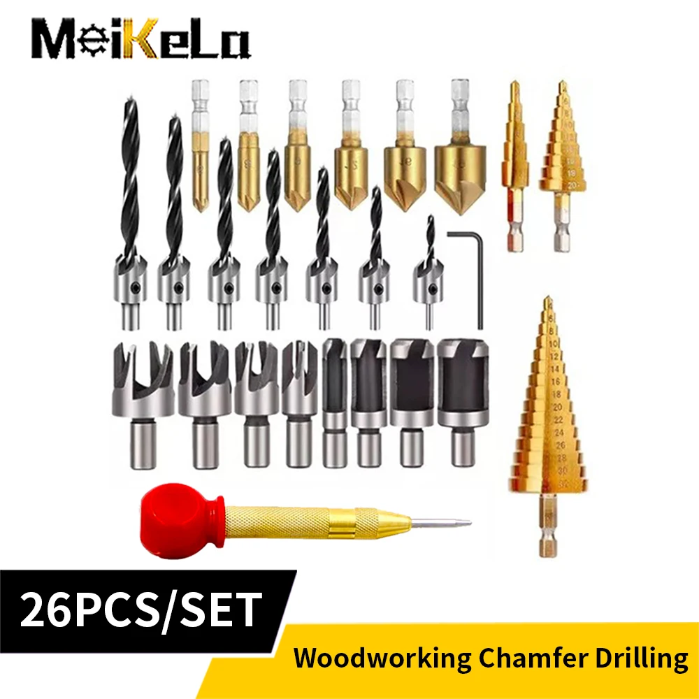 Meikela 26PCS Woodworking Drilling DIY Set Step Drill Five Edge Chamferer Counterbore Drill Wood Plug Drill Center Punch Set