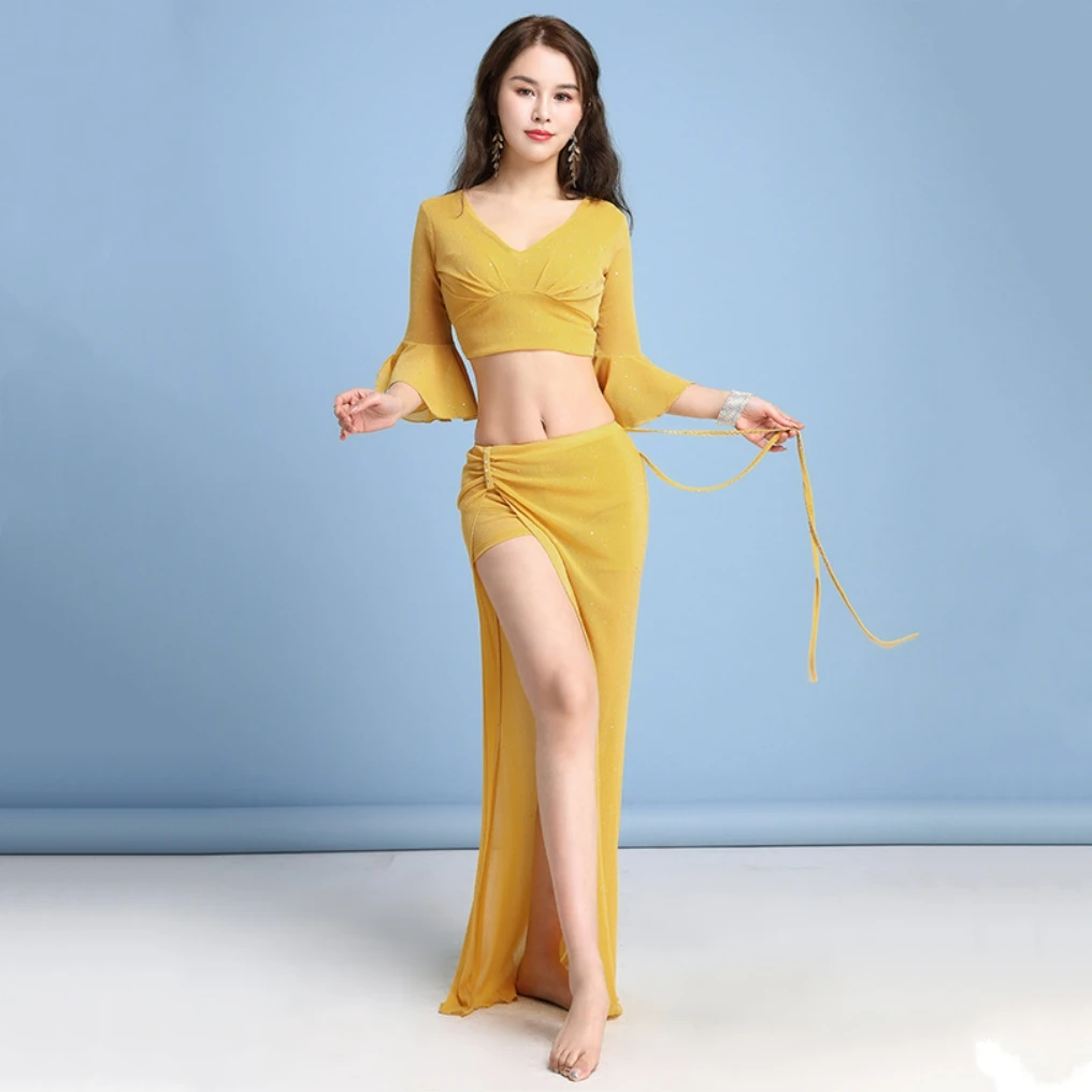 

Women's Dance Elegant Suit Flare Sleeve Belly Dance Sequin Suit Sexy Beginner Dance Long Skirt Suit