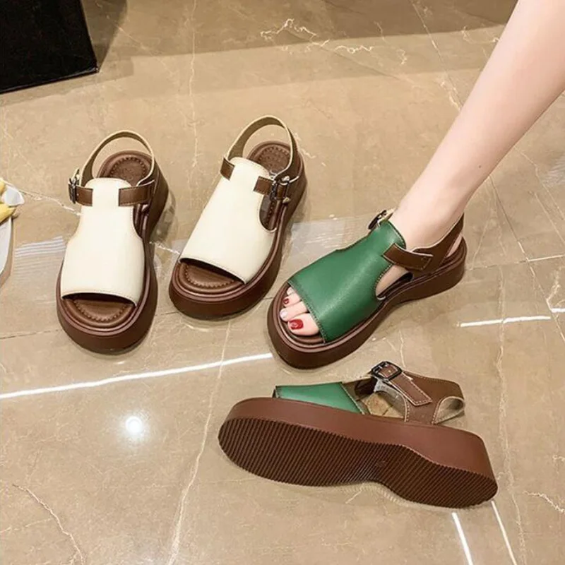 

Women's Genuine leather Platform Sandals Female 2023 Summer Retro Fashion Casual Roman Thick Bottom Beach Sandals Mujer New