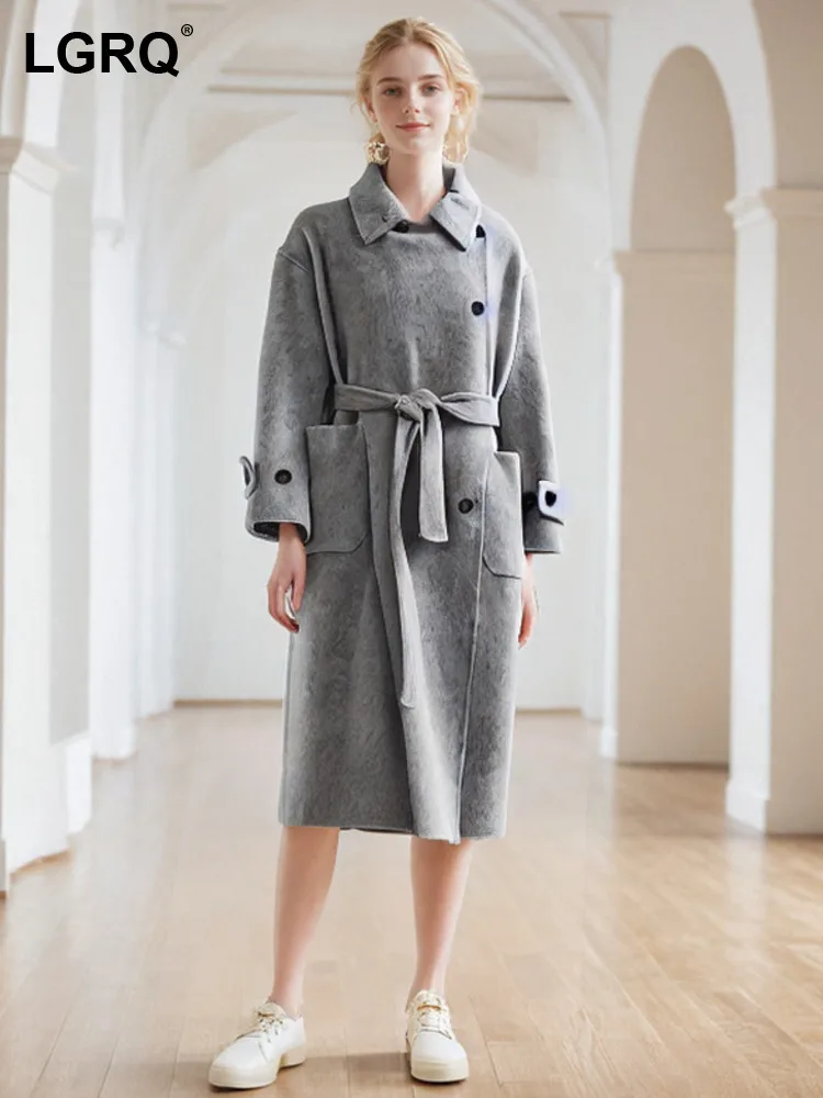 LGRQ модное женское шерстяное пальто с лацканами свободный крой однобортное