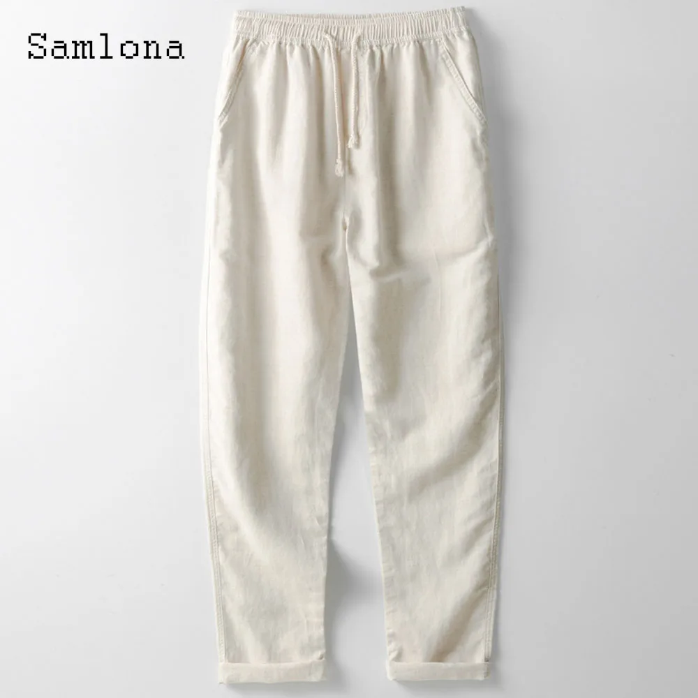 Брюки мужские льняные однотонные с поясом на резинке и карманами