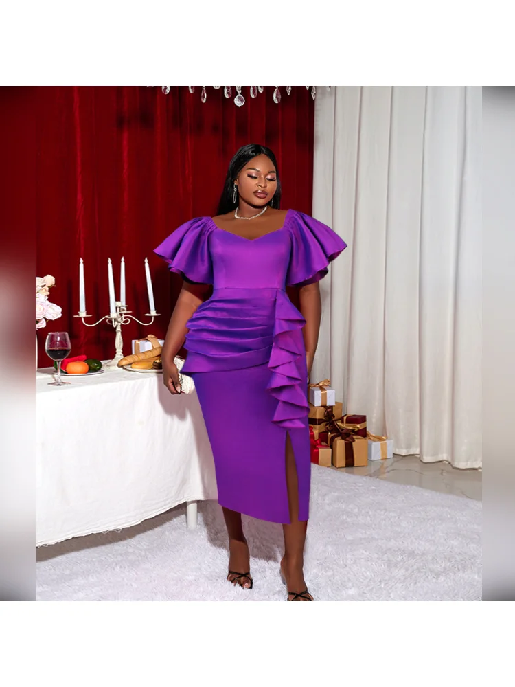 Plus Size Dresses Solid Square Neck Dress Mid-Calf Tierred Ruffle One Step Dress Party Dresses Evening Dresses Flare Sleeve