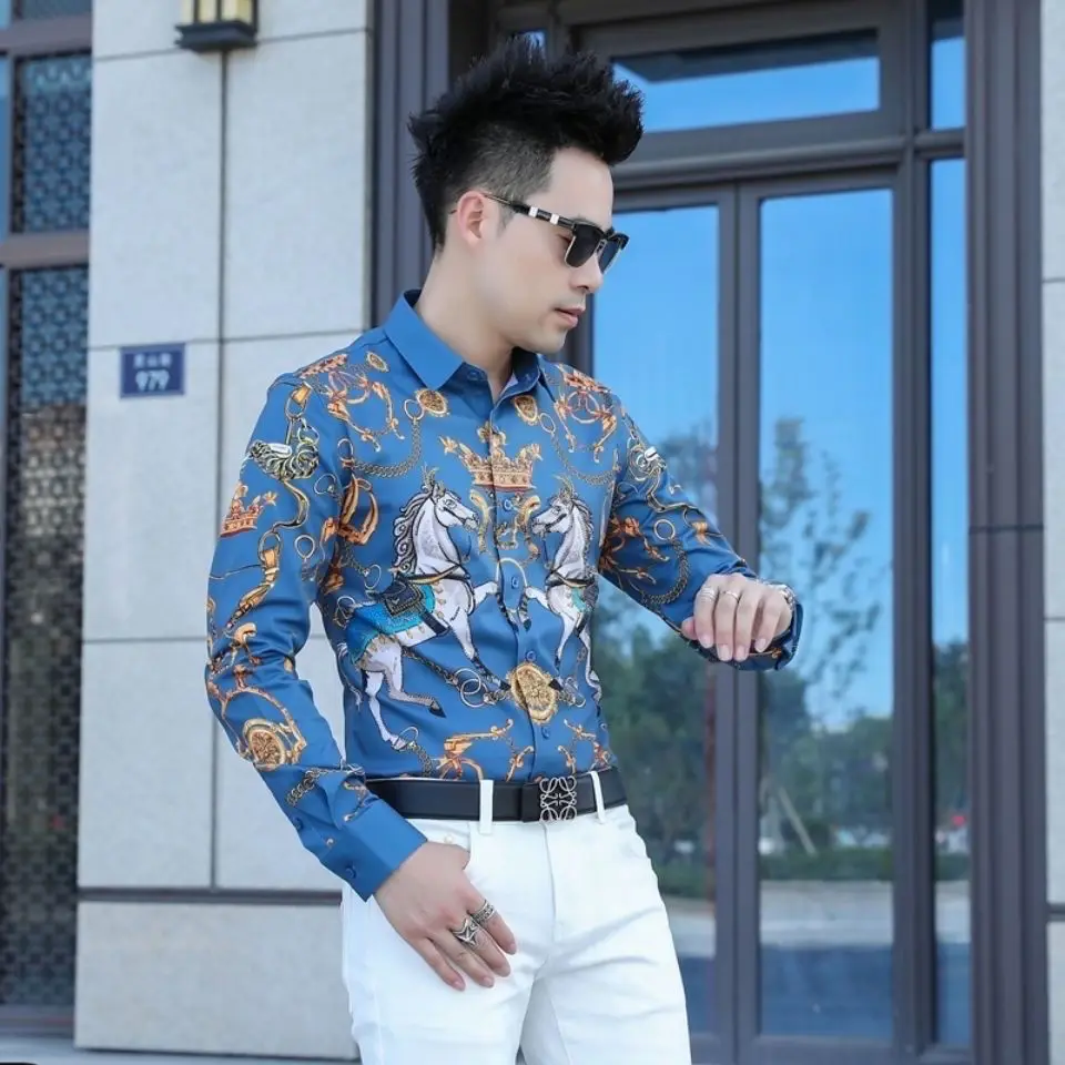Autumn men's high-end flower shirt youth handsome slim long sleeve shirt personalized printed cardigan top