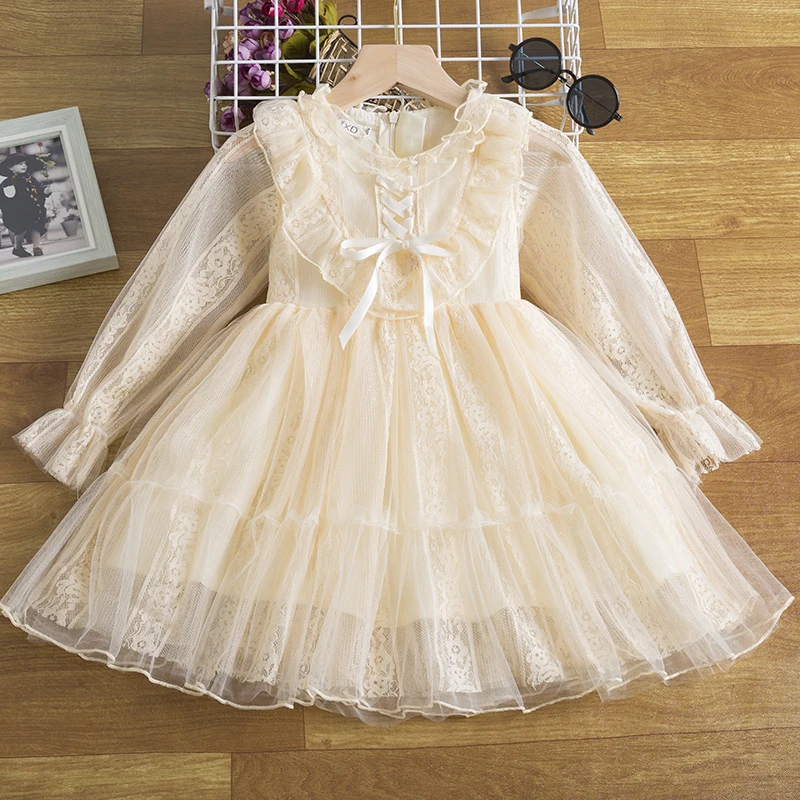 

Spring/Autumn Long Sleeve Girls Princess Dress Vintage Flower Lace Bow Vestidos Kids Dresses For Girls Children New Year Clothes