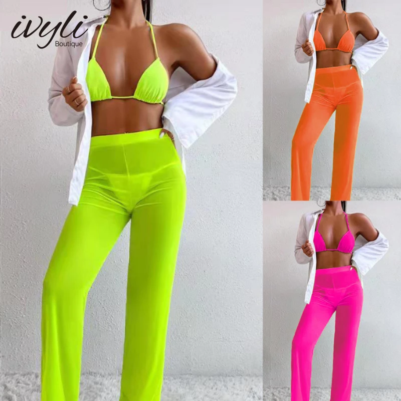 

2022 Swimsuit Three-piece Bikini Suit + Mesh Trousers Split Sexy Perspective Swimsuit Brazilian Swimsuit Three-piece Suit