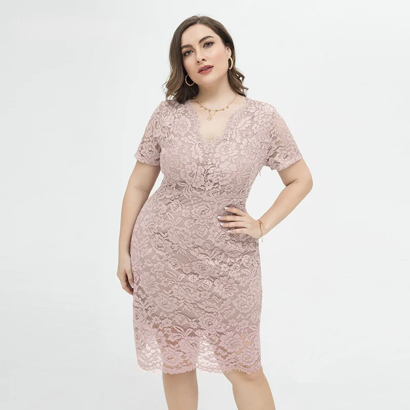 

Plus Size Elegant Dresses V-Neck Short Sleeve Bodycon Sexy Midi Party Dress Lace Hollow Out Women's Clothing Vestido De Mujer