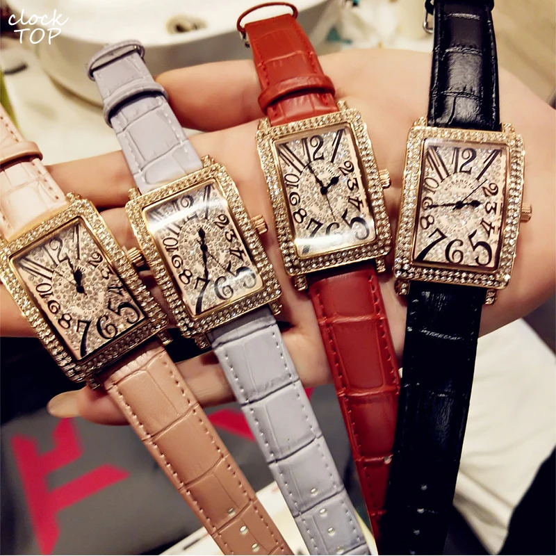 

Women Diamond Watch Rectangle Rectangular Dial Iced Out Female Wristwatch Rhinestone Inlay Ladies Luxury Genuine Leather Reloj