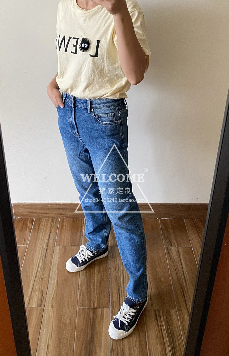 2022 Summer New Street Casual Women Pants Leather Collage Pocket Hollowed Out High Waist Small Straight Washed Blue Denim Pants