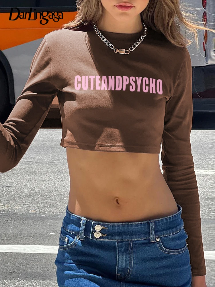 

Darlingaga Harajuku Letter Print Brown Autumn Tee Shirts Basic Long Sleeve Crop Top Casual Crew Neck Sweat Tshirt Chic Aesthetic