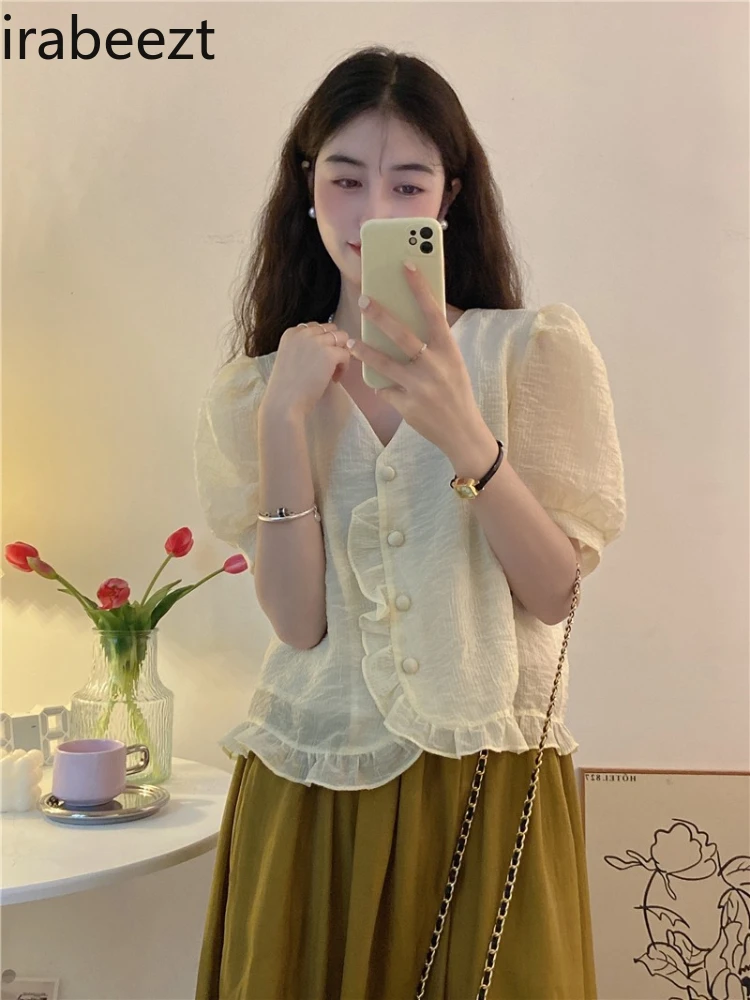 

Корейская летняя блузка Irabeezt, женская шифоновая рубашка с пышными рукавами, новинка 2022, женские плиссированные короткие шикарные рубашки с ...
