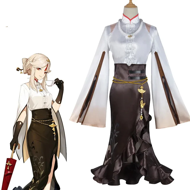 Фото Игра Genshin Impact NingGuang Косплей Костюм Парик Костюм Косплей Вечеринка Cheongsam Платье Кожа Хэллоуин Наряд Женский Платье Одежда №4